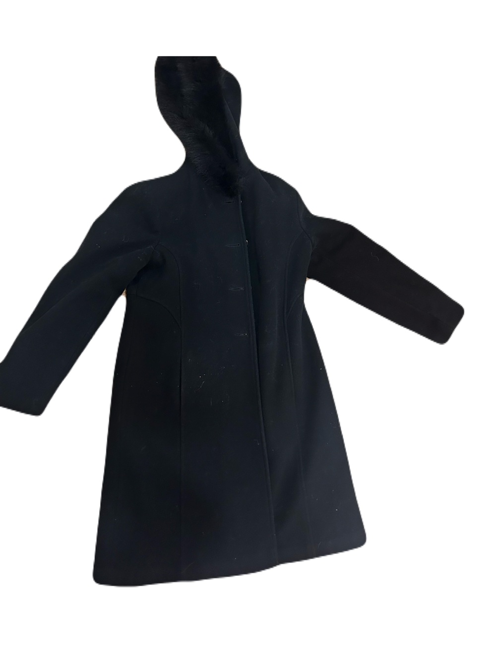 Vintage Nicole Long Black Wool Cashmere Coat with Real Fox Fur Collar - Size 12